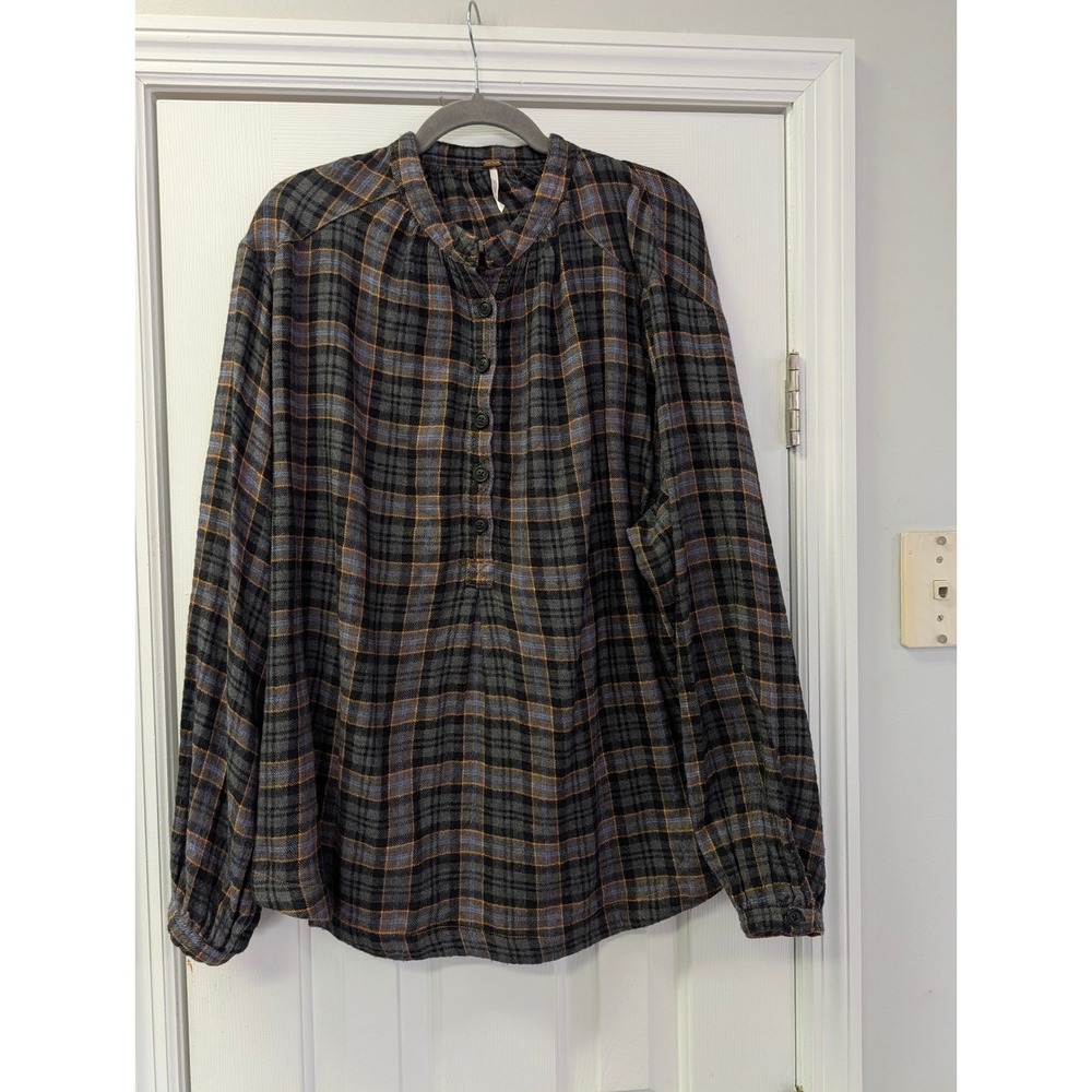Free People Plaid Henley Tunic Blouse Grey Orange Wool Blend Oversized Small